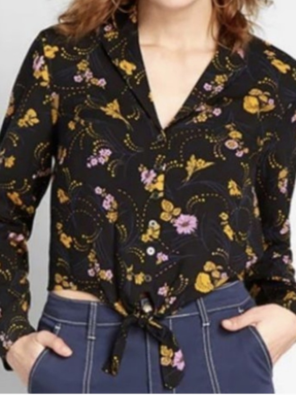 Modcloth Black Floral Tie-Front Blouse with Yellow and Lilac Accents